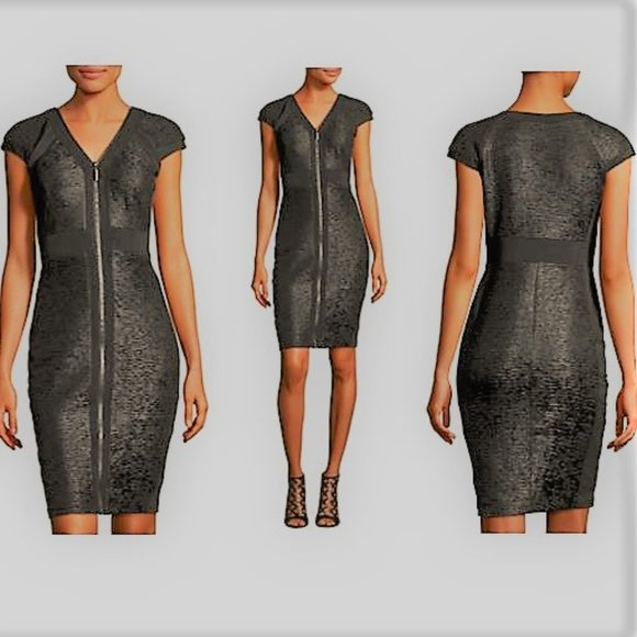 *JAX* Textured Zip-Front Cap-Sleeve Black Dress - Size 2 - Picture 10 of 15